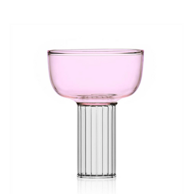 pink coupe drinking glass by margherita Rui for Ichendorf Milano, thick lined stem with a pink coloured cup, photographed on a white background