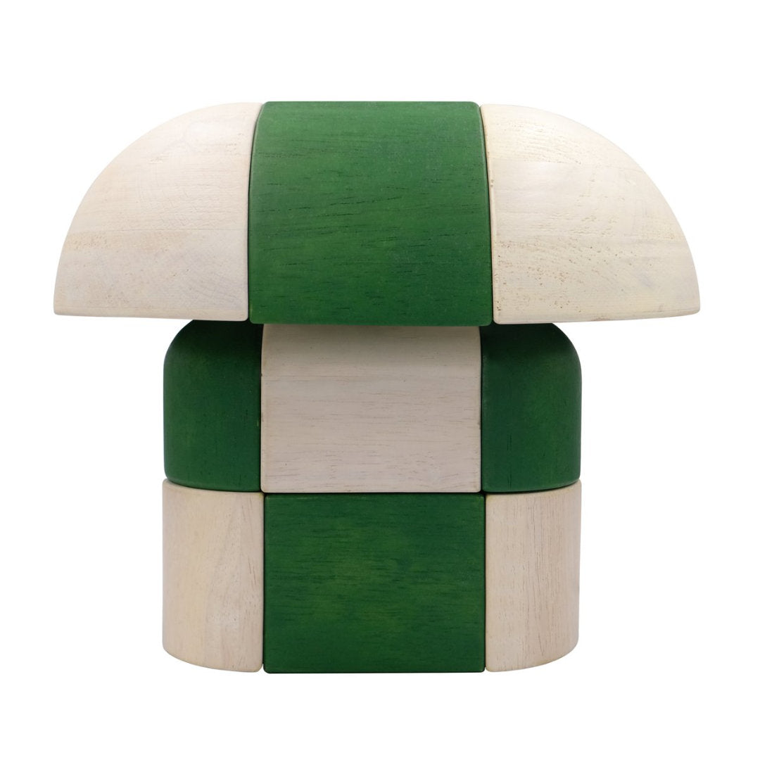 lamp made of wooden interwoven tiles, in white and green, set on a white background