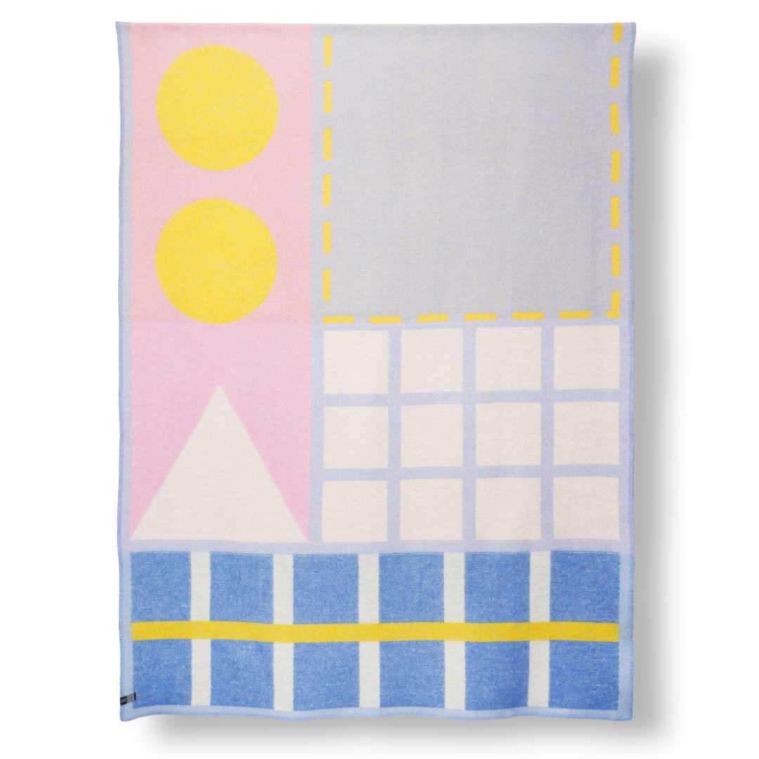 Wool blanket "Post It" design by Sophie Probst for ZigZagZürich, geometric pastel design in New Zealand wool woven in Italy, front