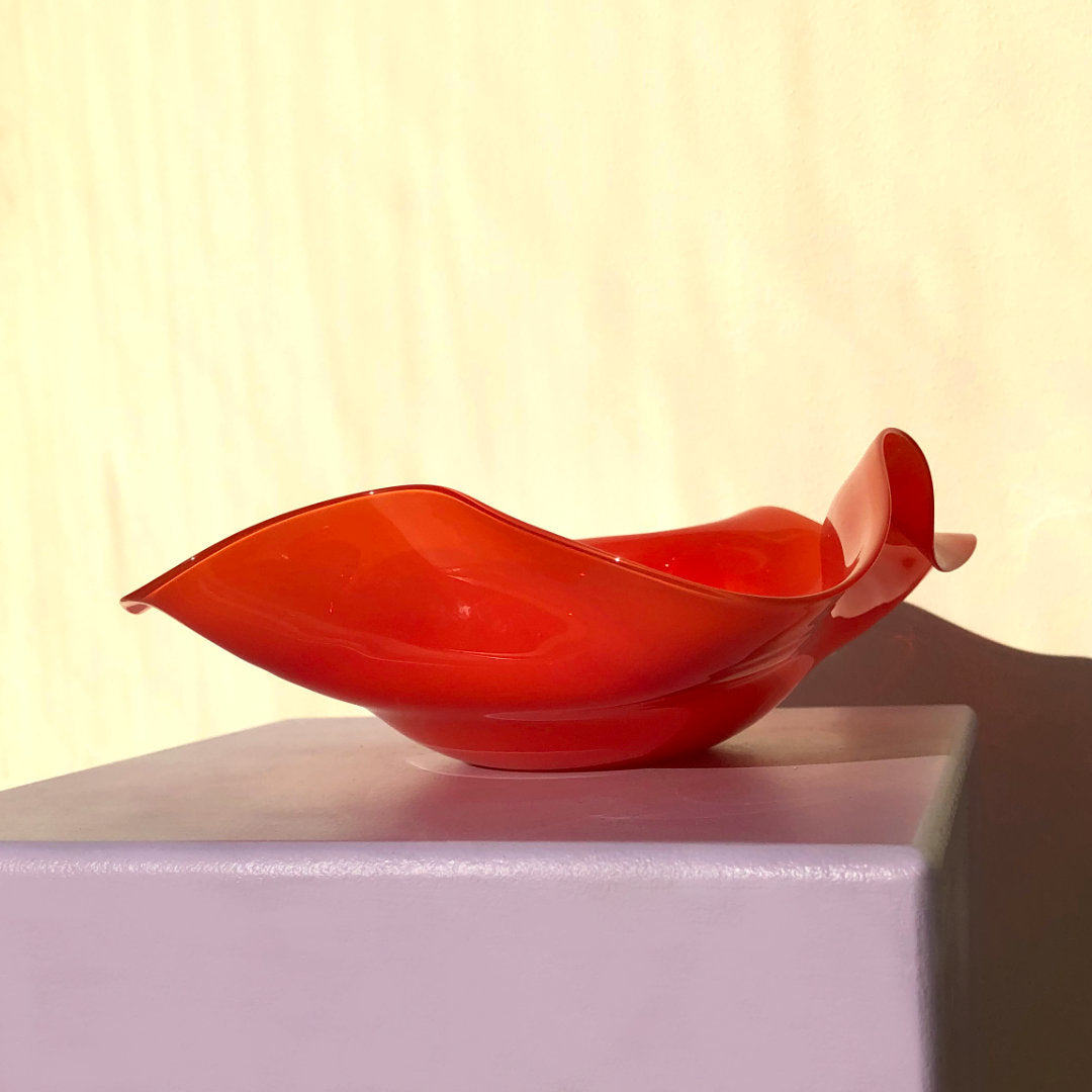 Dansing Glass Dish in Vermillion handmade by Rikke Stenholt of Stenholt Glass in Aarhus, Artisanal Glassware Design