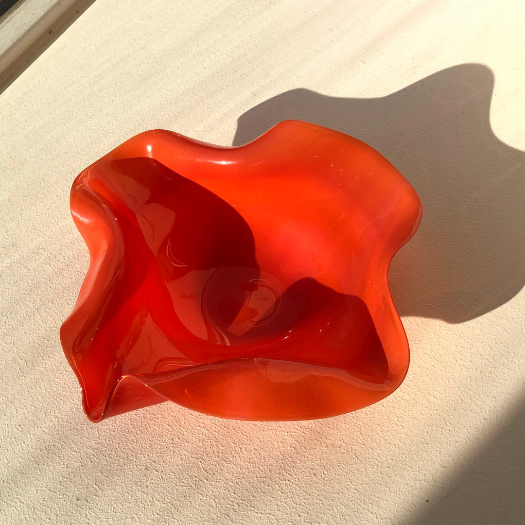 Dansing Glass Dish in Vermillion handmade by Rikke Stenholt of Stenholt Glass in Aarhus, Artisanal Glassware Design