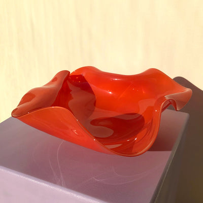 Dansing Glass Dish in Vermillion handmade by Rikke Stenholt of Stenholt Glass in Aarhus, Artisanal Glassware Design